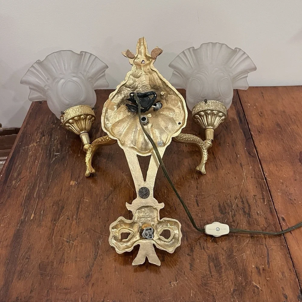 Antique Gilt Rococo 2 Arm Wall Sconce  Electric Corded Fish Glass Scallop Shades